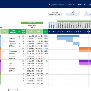 Detailed Excel Gantt Chart with Task Dependencies & Role Assignments